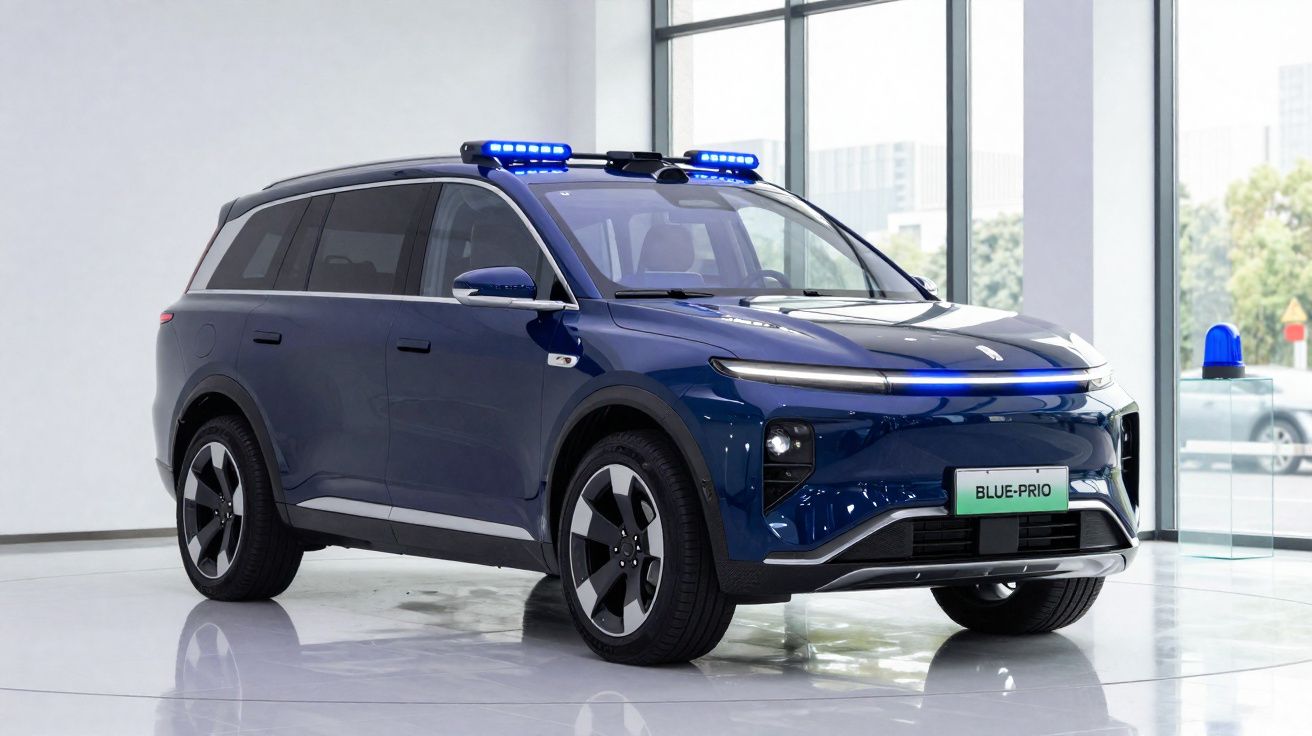 SUV électrique bleu foncé avec gyrophares bleus, exposé dans un showroom lumineux et moderne.