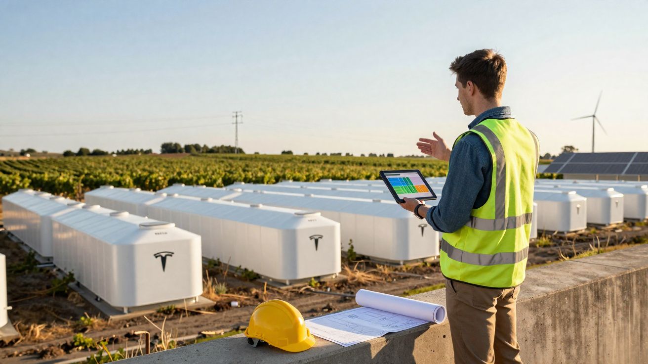 Un technicien en gilet jaune utilise une tablette devant des batteries Tesla dans un champ avec éolienne et panneaux solaires