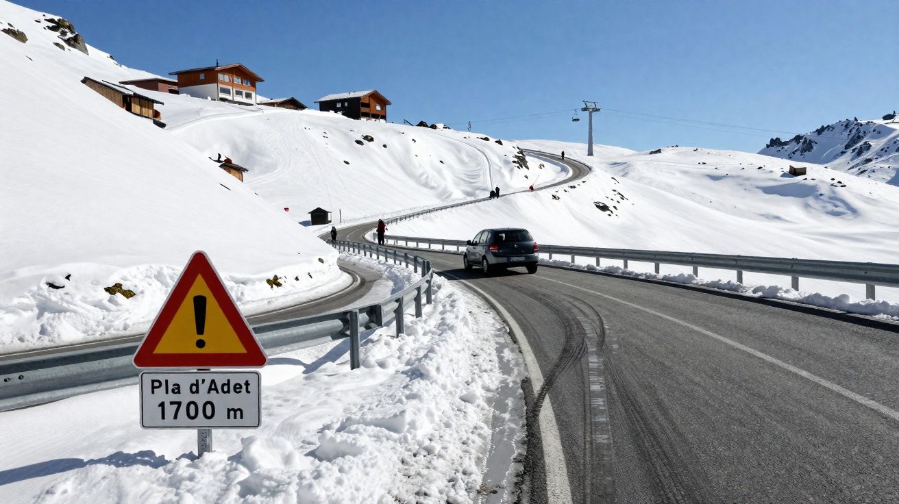 Route de montagne enneigée avec un panneau d’avertissement à Pla d’Adet, voiture et chalets en arrière-plan.