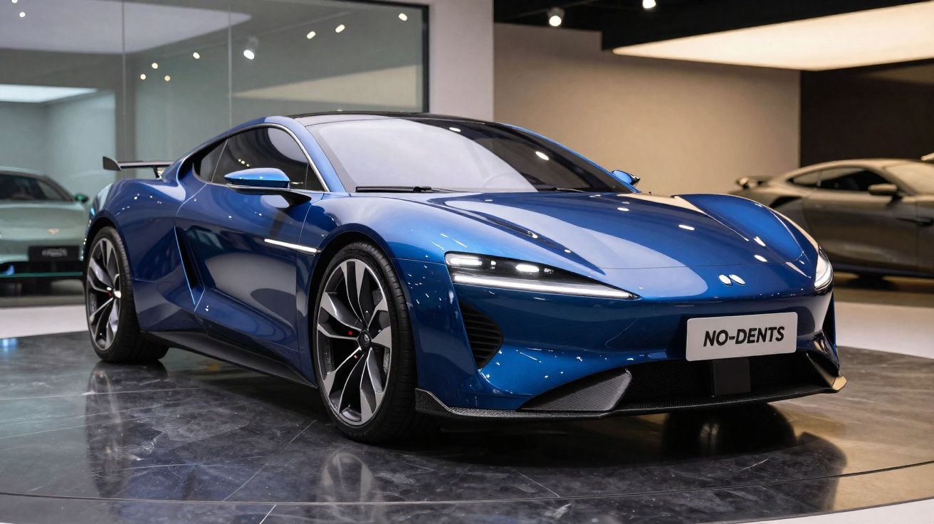 Voiture de sport bleu métallique brillante avec plaque d'immatriculation "NO-DENTS" exposée en intérieur.