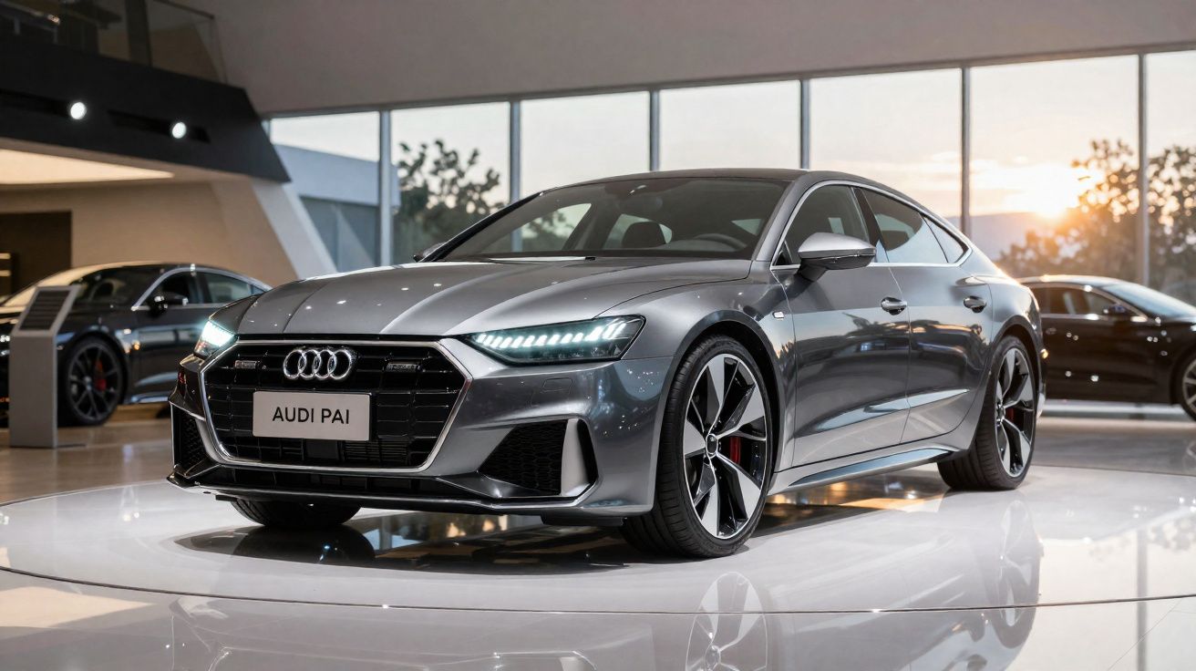 Voiture Audi grise brillante exposée en intérieur avec lumière ambiante et autres véhicules en arrière-plan.
