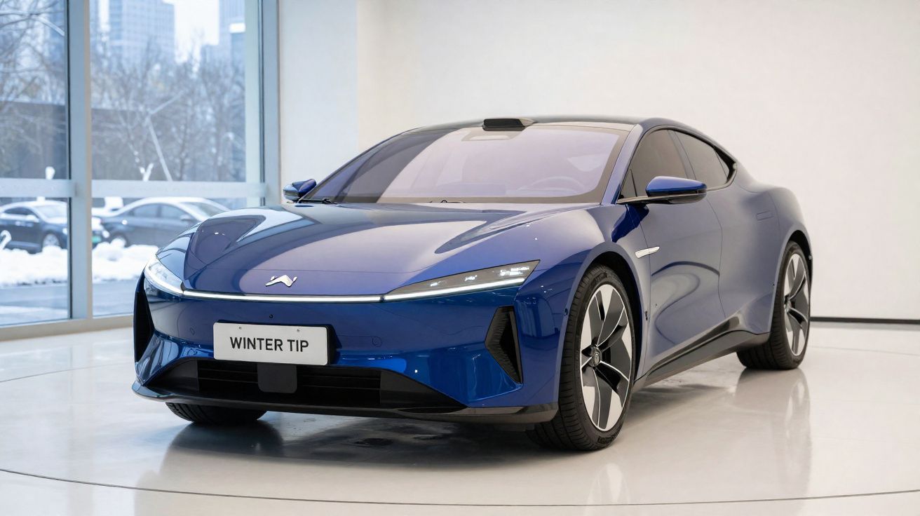 Voiture électrique bleue moderne exposée dans une salle blanche avec des fenêtres et de la neige à l'extérieur.
