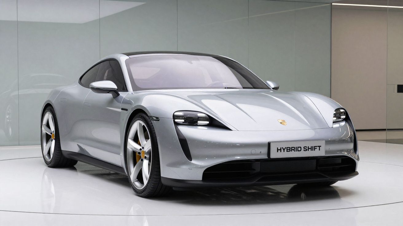 Voiture électrique sportive grise Porsche Taycan exposée dans une salle d'exposition moderne et épurée.