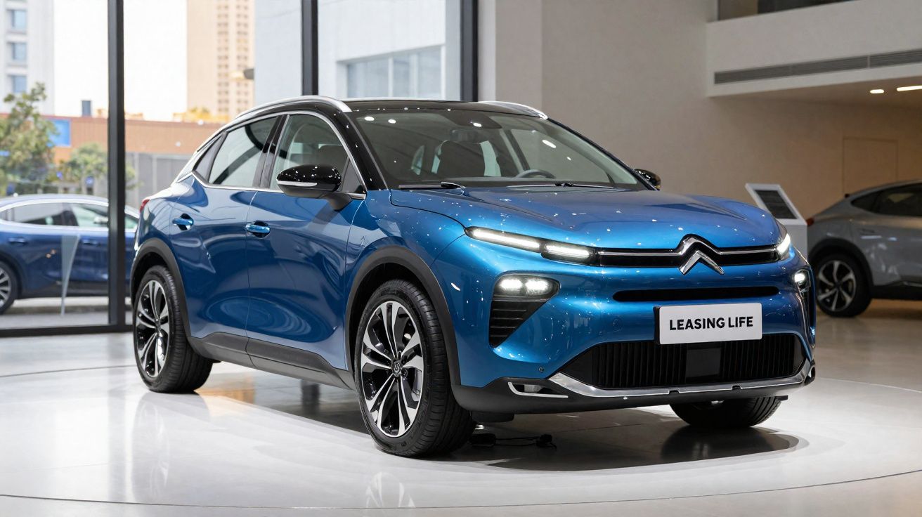 Voiture électrique Citroën bleu métallisé exposée dans un showroom moderne avec éclairage intérieur.