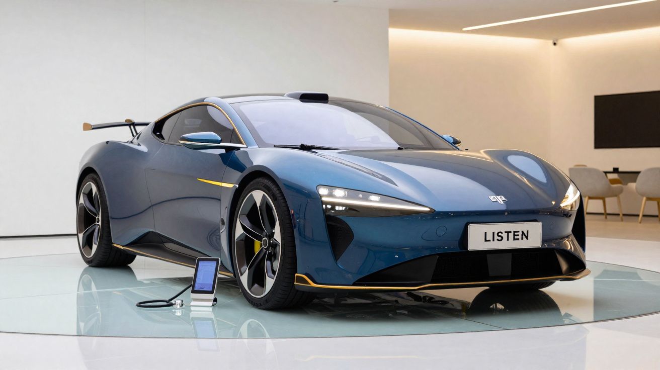 Voiture de sport électrique bleue exposée dans une salle moderne avec écran et sièges en arrière-plan.