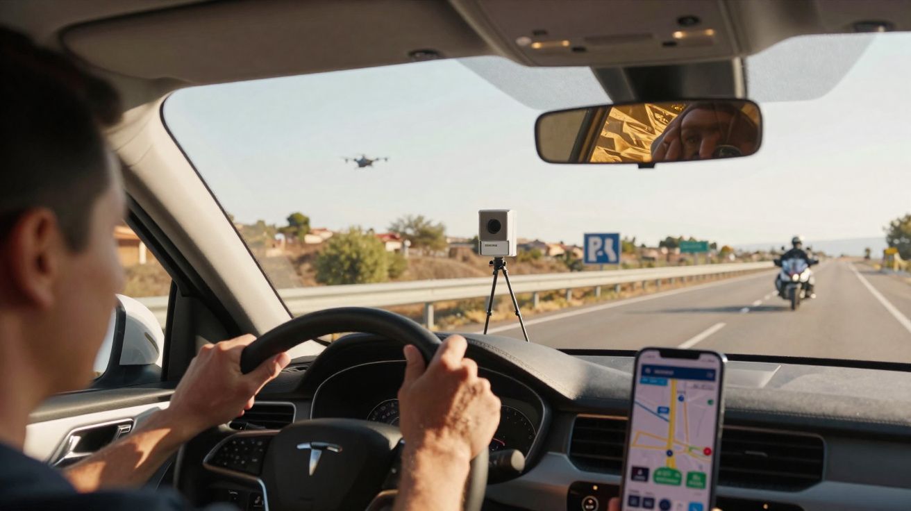 Homme au volant d'une Tesla avec drone volant devant, caméra sur le tableau de bord et GPS sur smartphone.