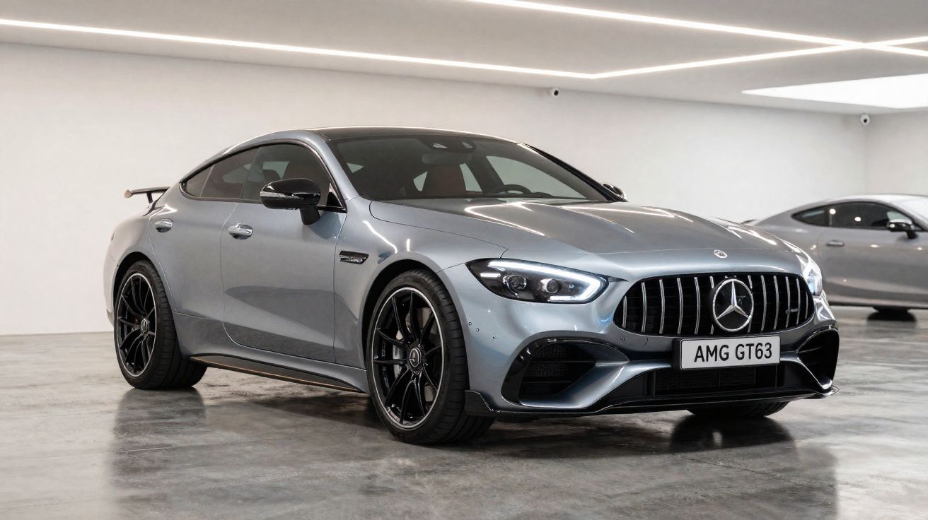 Voiture sportive Mercedes AMG GT63 grise garée dans un garage moderne avec éclairage LED.