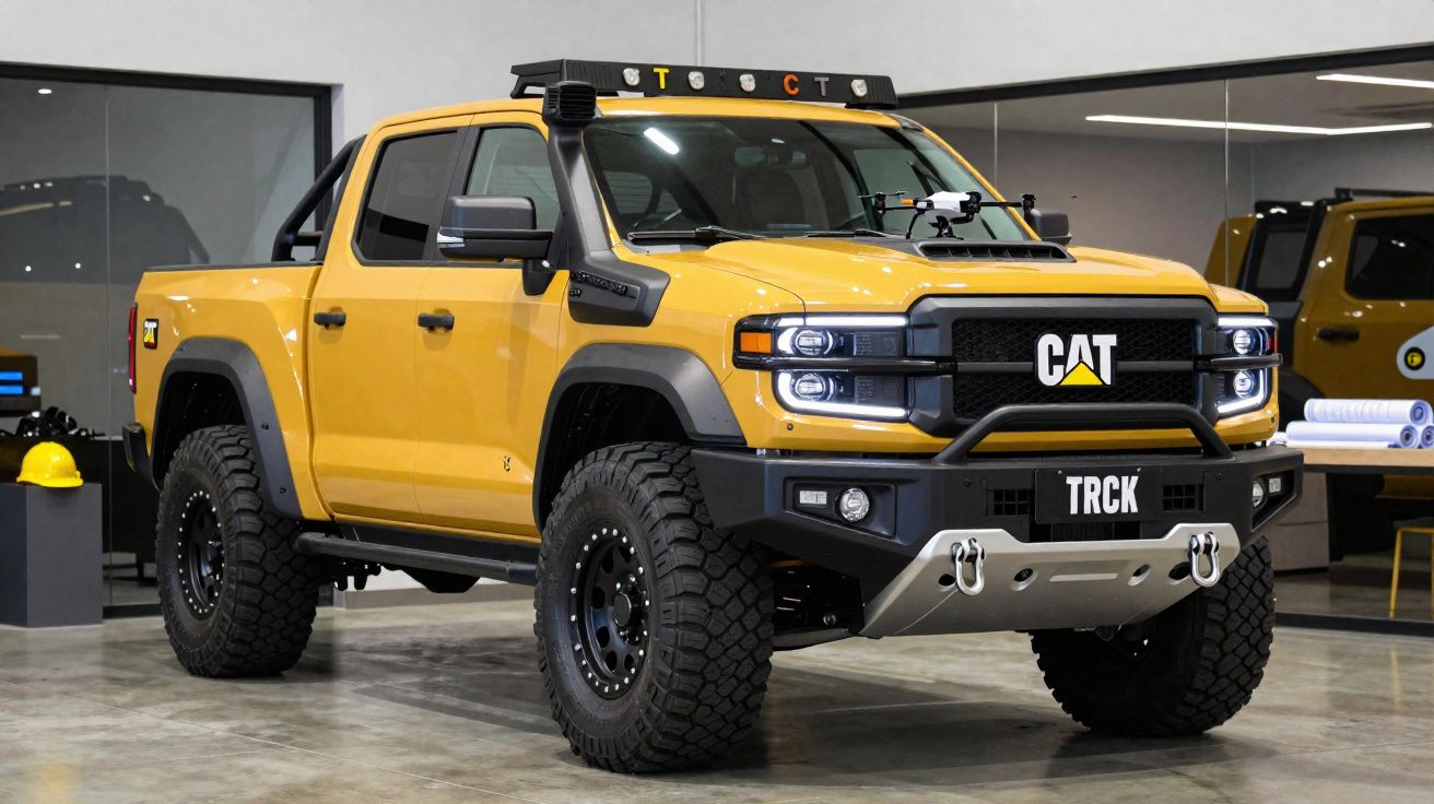 Pick-up jaune Caterpillar TRCK avec pneus tout-terrain exposé dans un showroom moderne.