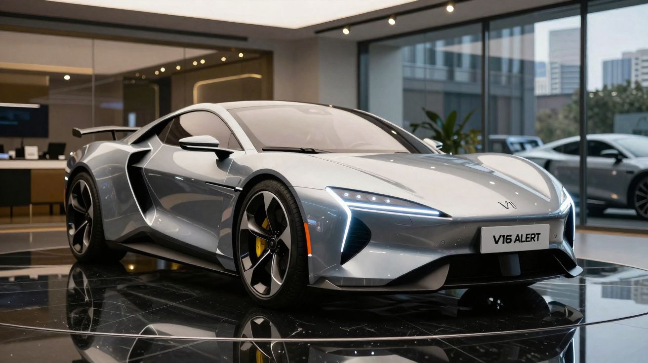 Voiture de sport grise V16 Alert exposée dans un showroom moderne avec grandes vitrines et sol brillant noir.