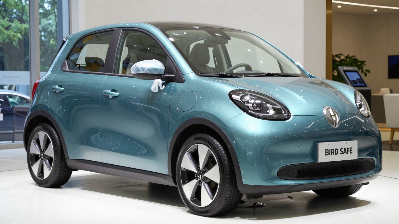 Voiture électrique compacte moderne de couleur bleu métallisé exposée en intérieur, modèle cinq portes.