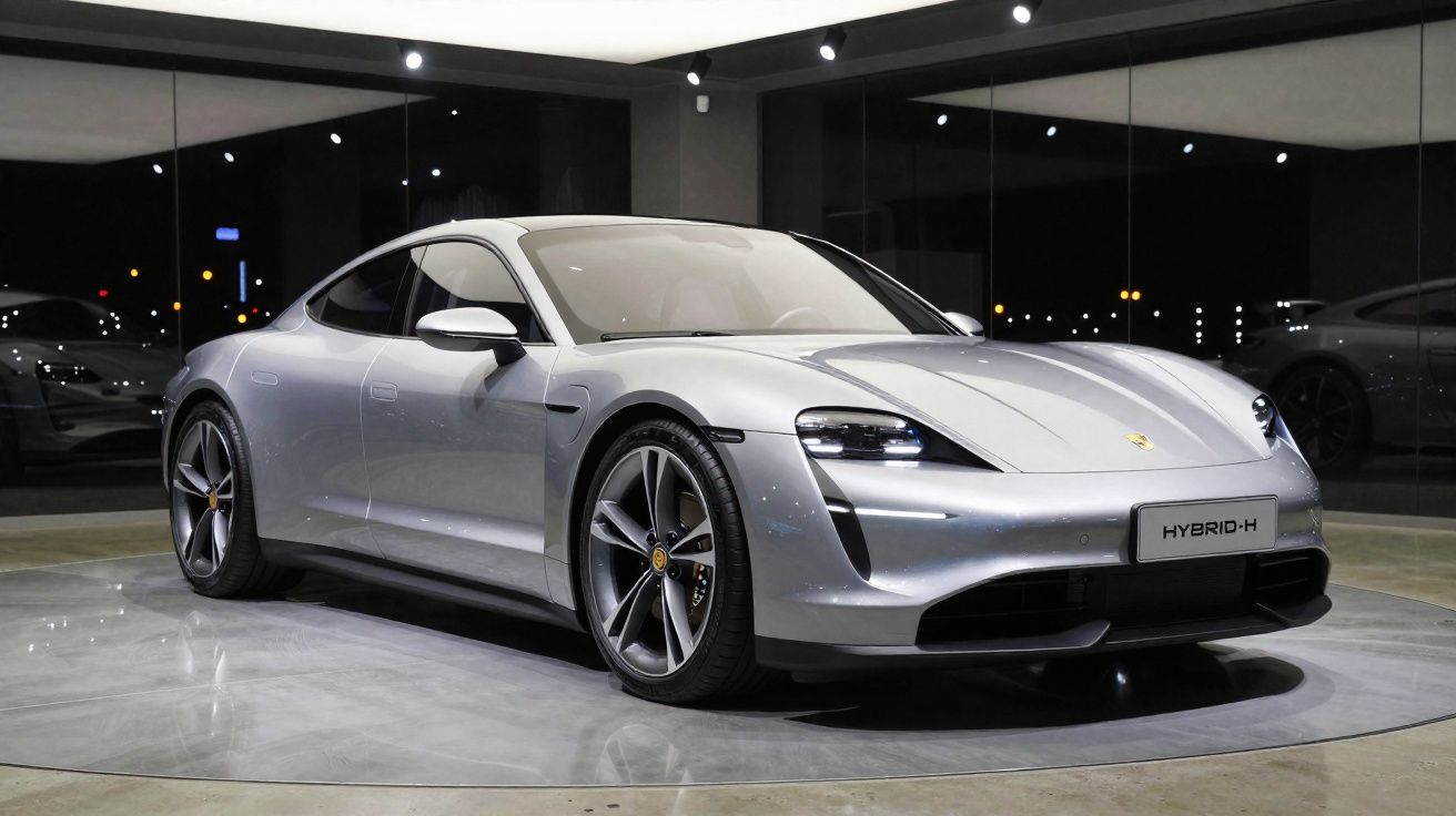 Voiture de sport électrique grise Porsche Taycan exposée dans un showroom moderne avec sol en béton poli.