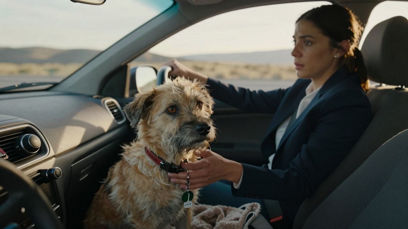 Femme conduisant une voiture avec un chien brun à poils longs assis sur le siège passager à ses côtés.