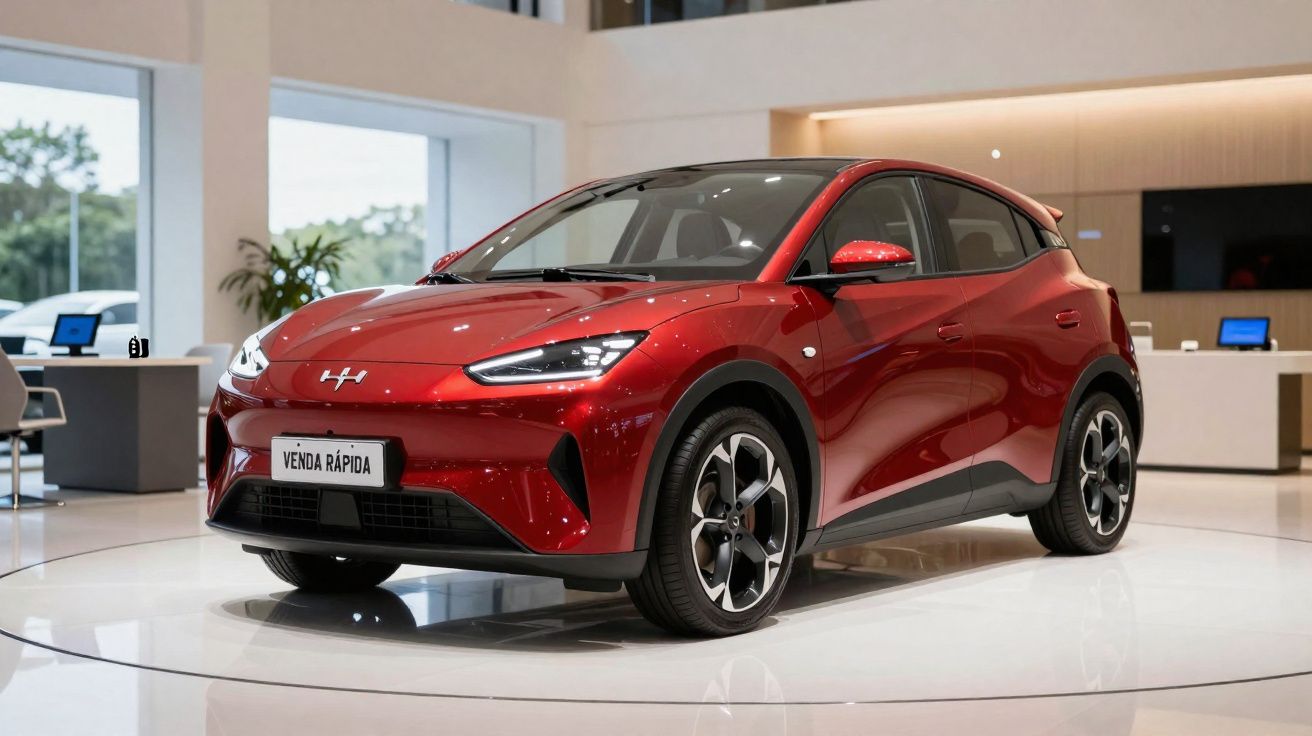 Voiture électrique compacte rouge exposée en showroom moderne avec sol blanc brillant et éclairage doux.