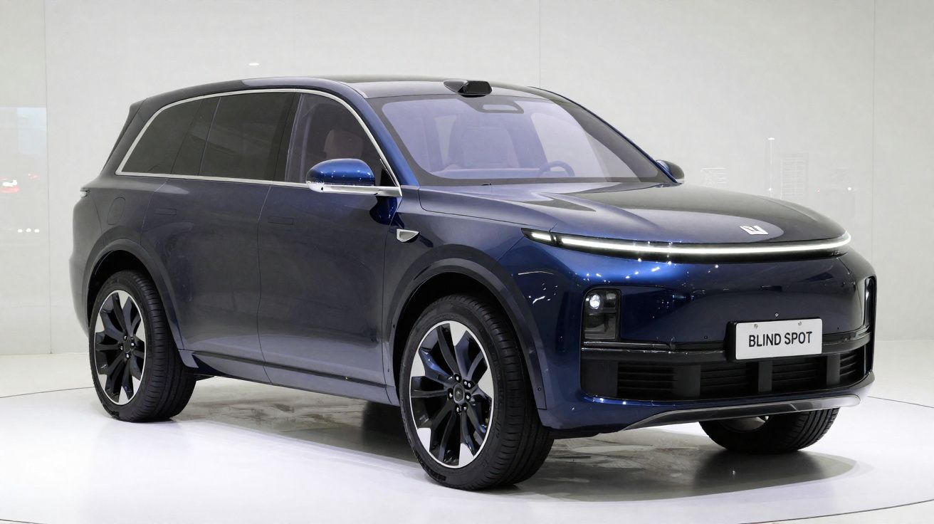 SUV électrique bleu foncé au design moderne exposé sur fond blanc avec plaque d'immatriculation "BLIND SPOT".