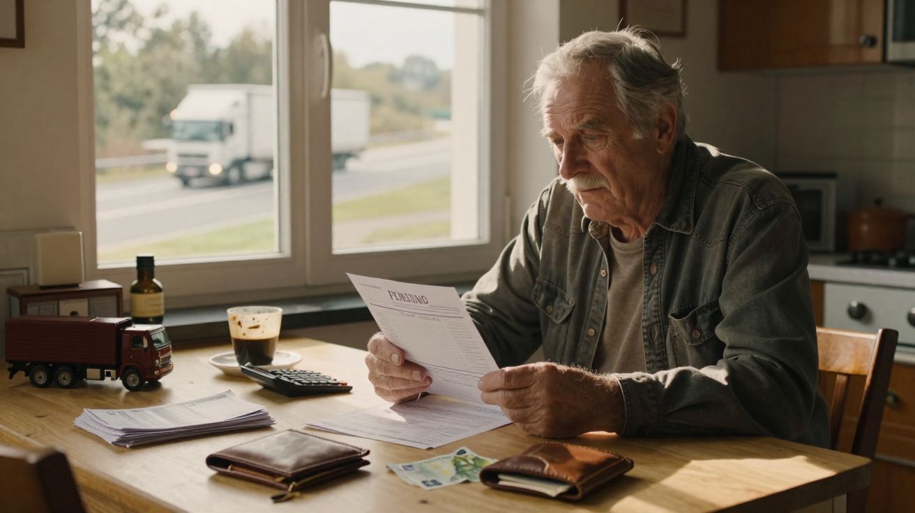 Homme âgé lisant une facture à table, avec des billets, porte-monnaie et mini camion jouet, près d'une fenêtre.