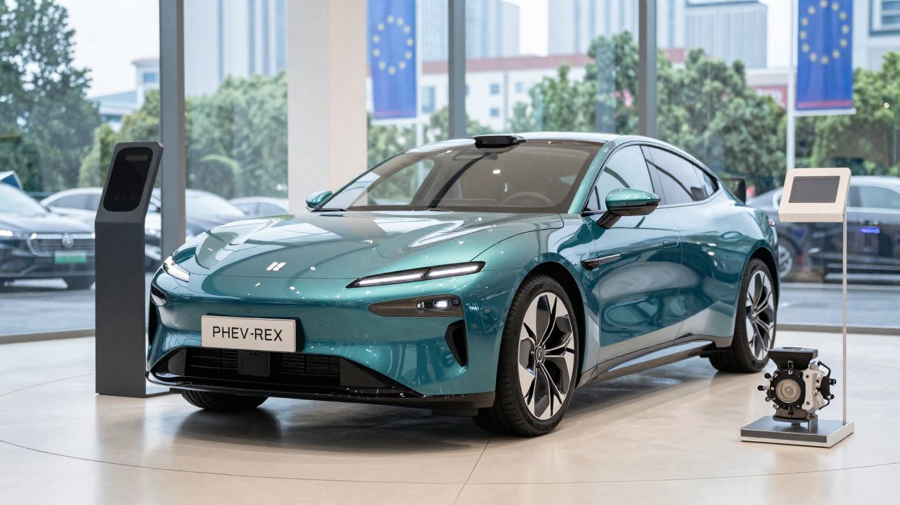Voiture électrique bleue PHEV-REX exposée dans un showroom moderne avec bornes de recharge à côté.